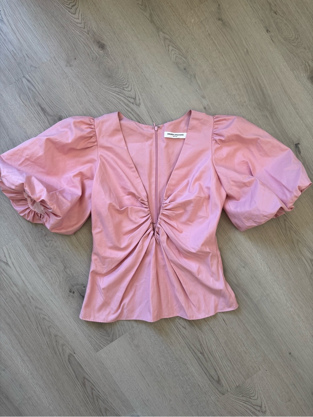 Amanda Uprichard Neveah Pink Ruched Deep V-Neck Puff Sleeve Top Small